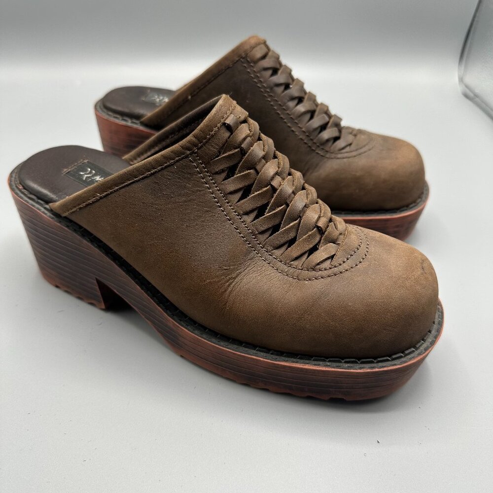Brown Leather Chunky Platform Heeled Shoes Y2K Size 8 Square Toe Mules Braided